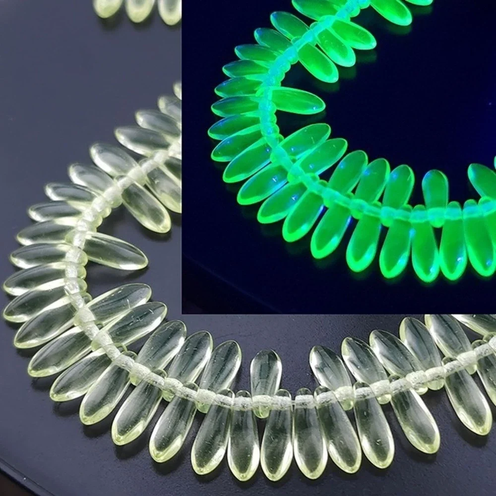 100pcs Czech Glass Dagger Beads, Uranium‎ Glass, UV light reactive